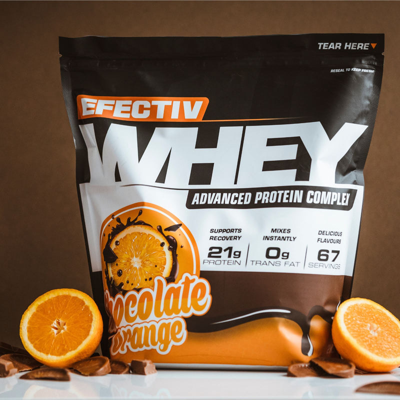 Chocolate orange flavored highly bioavailable whey from Efectiv Nutrition Whey for lean muscle