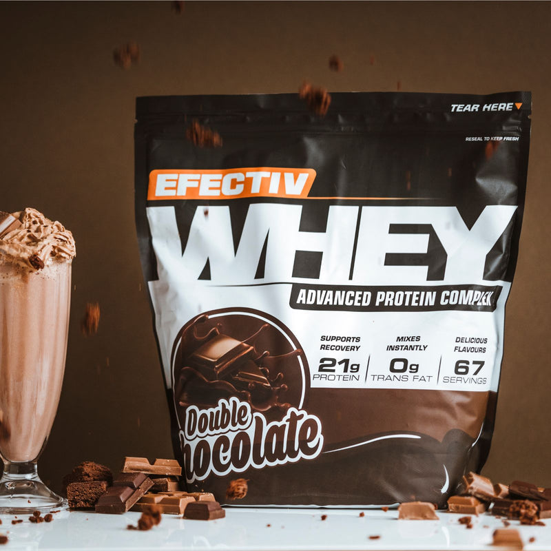 Bag of effectiv nutrition whey with double chocolate flavor for lean muscle and highly bioavailable whey
