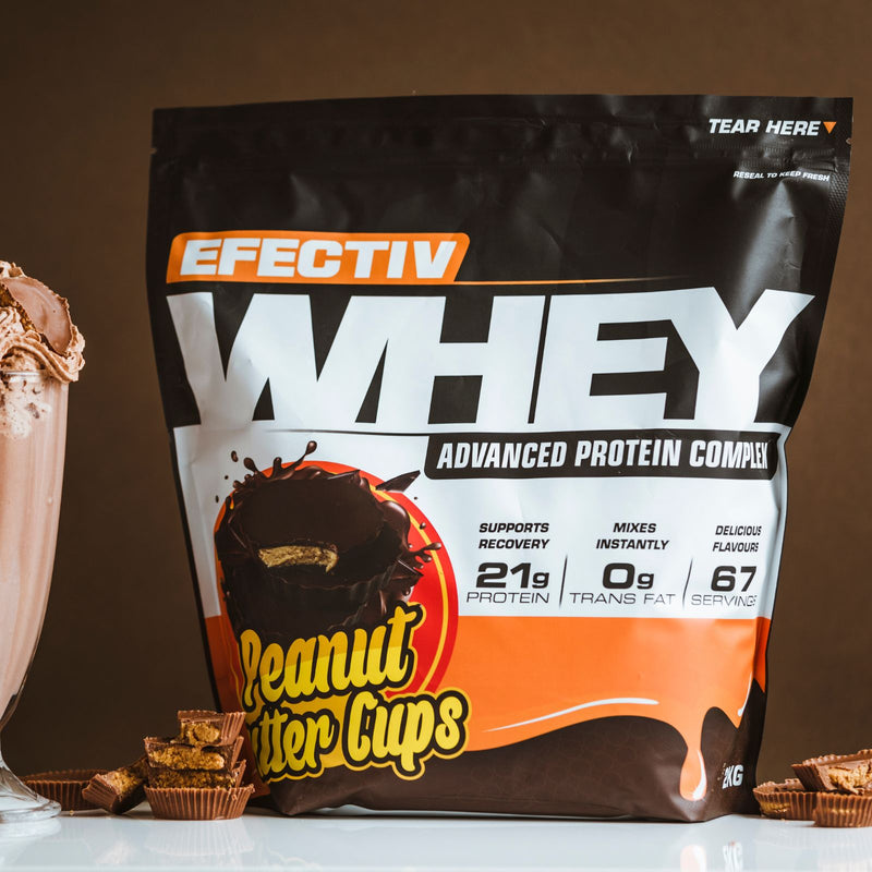 Efectiv Nutrition Whey Protein with Peanut Butter Cups flavor for lean muscle and highly bioavailable whey