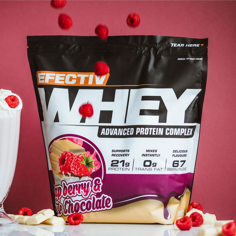 Raspberry and white chocolate protein powder with highly bioavailable whey from Efectiv Nutrition Whey for lean muscle