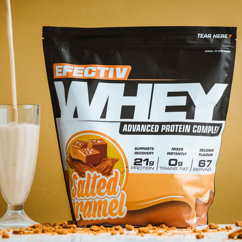 Salted caramel whey protein powder in black pouch with 21g protein for lean muscle