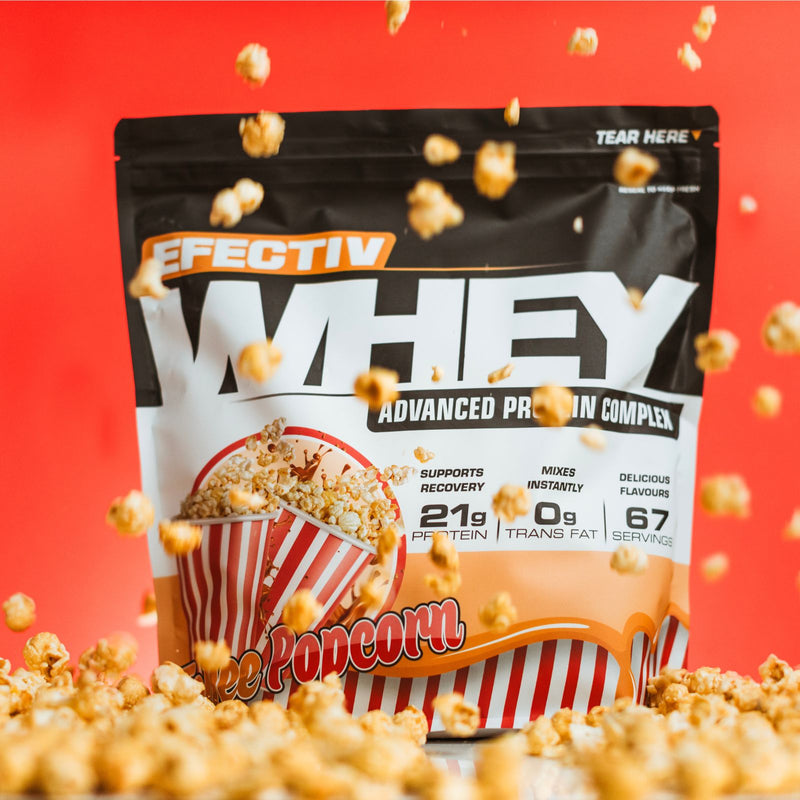 Efectiv Nutrition Whey Protein with popcorn design, 21g protein, highly bioavailable whey