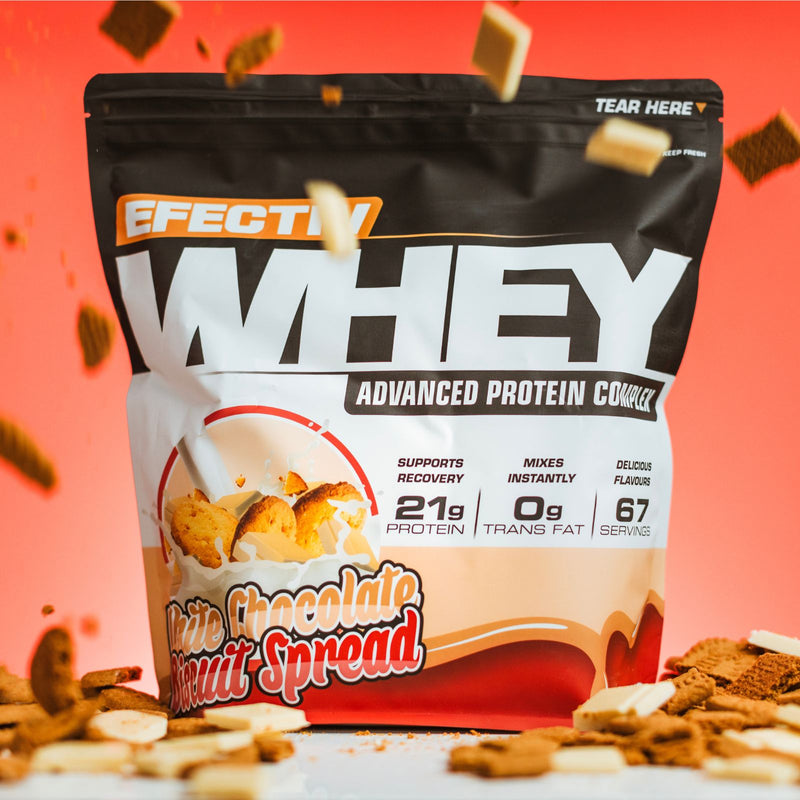 Efectiv Nutrition Whey Protein pouch with white chocolate biscuit flavored highly bioavailable whey for lean muscle
