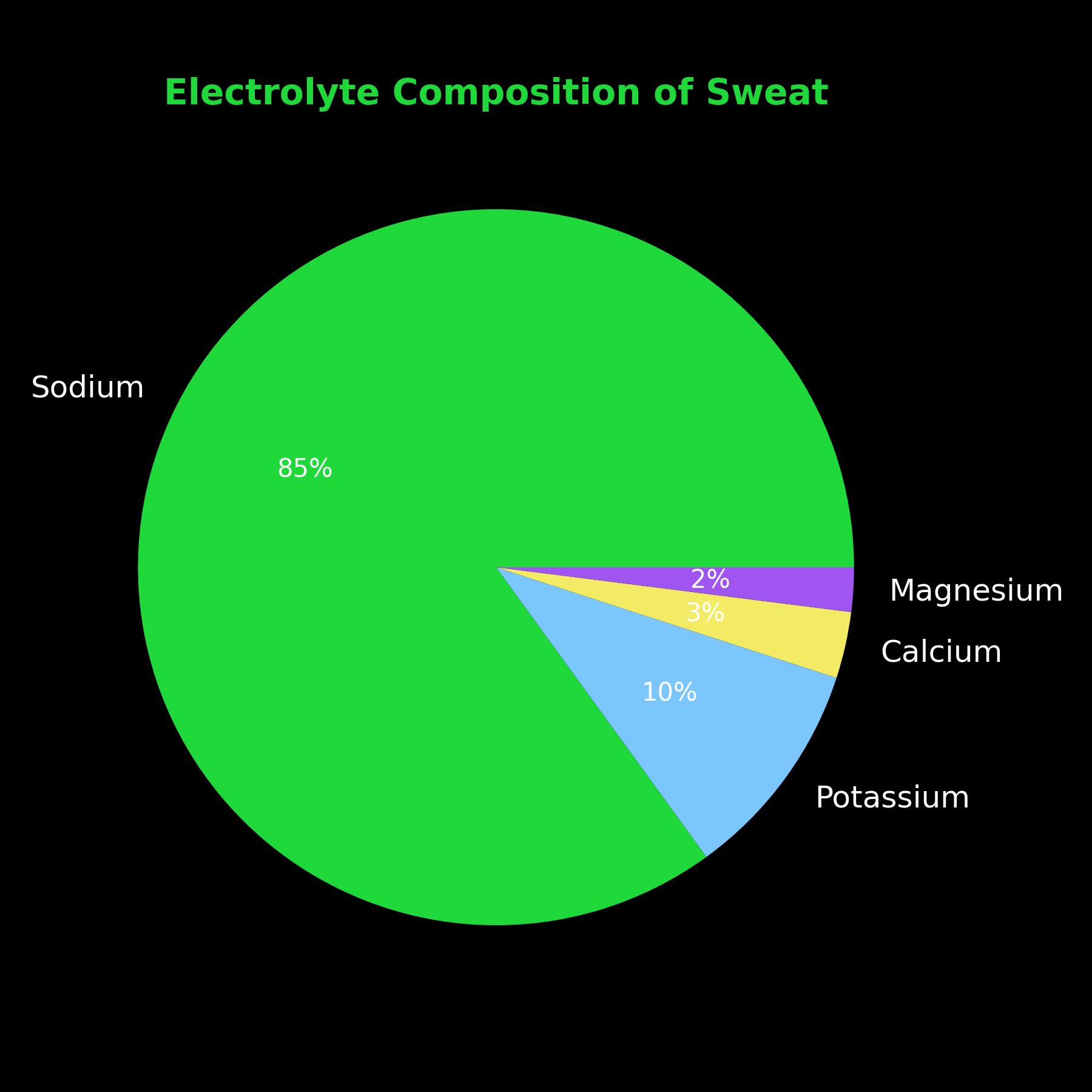 Pie chart showing approximate electrolyte composition of sweat where sodium dominates with smaller portions of potassium, calcium, and magnesium