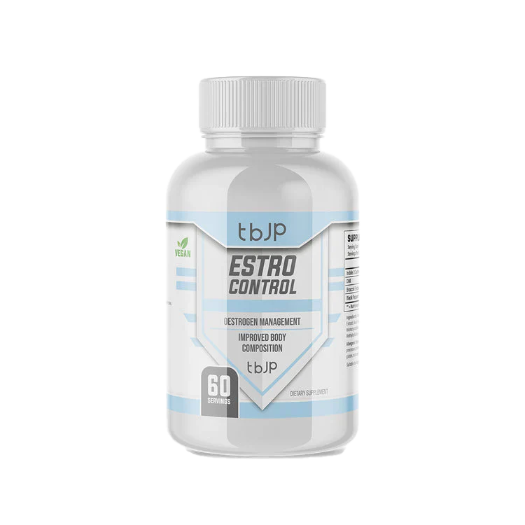 White bottle of Trained By JP Estro Control supporting estrogen and promoting hormonal balance