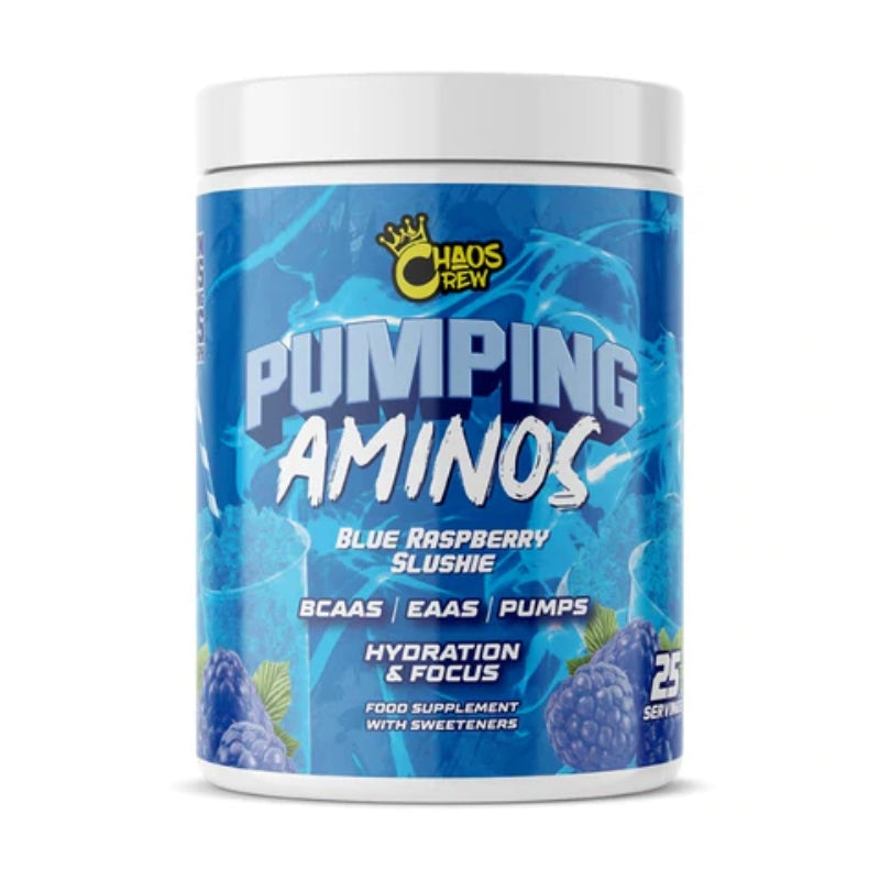Blue raspberry Chaos Crew Pumping Aminos 2.0 for nitric oxide boost and crew pumping gains