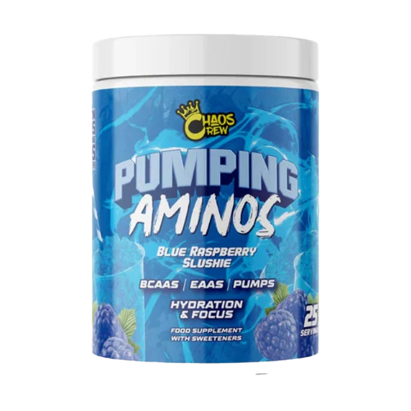 Chaos Crew Pumping Aminos 2.0 blue raspberry slushie supplement tub for nitric oxide boost