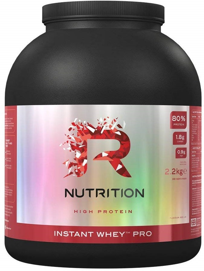 Black protein powder tub with colorful label for Reflex Nutrition Instant Whey Pro supplement