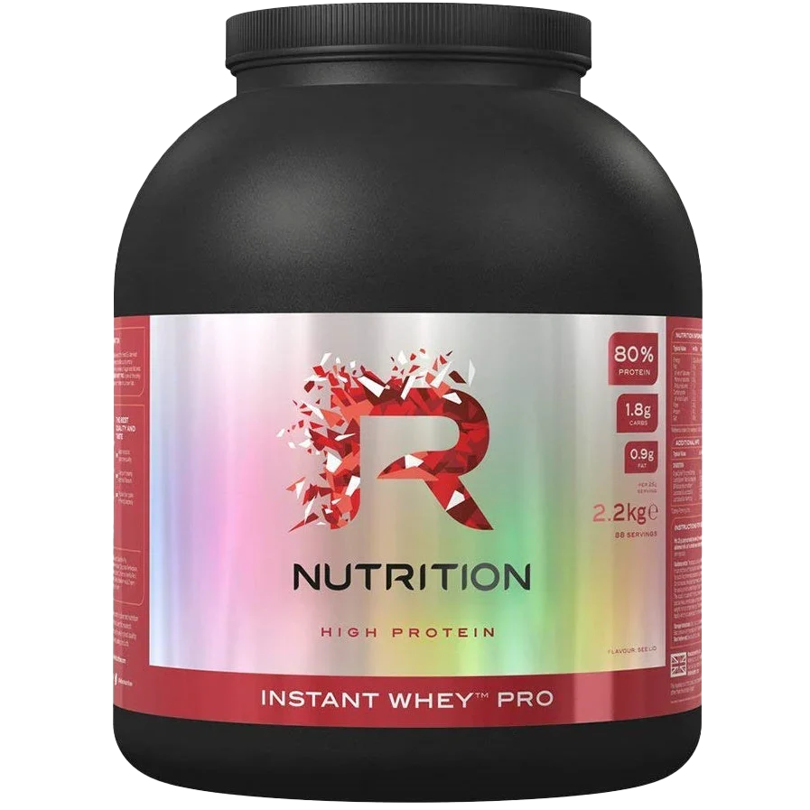 Black plastic tub of Reflex Nutrition Instant Whey Pro protein powder with colorful label