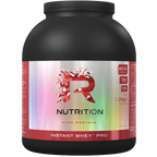 Black plastic tub of Reflex Nutrition Instant Whey Pro protein powder with colorful label