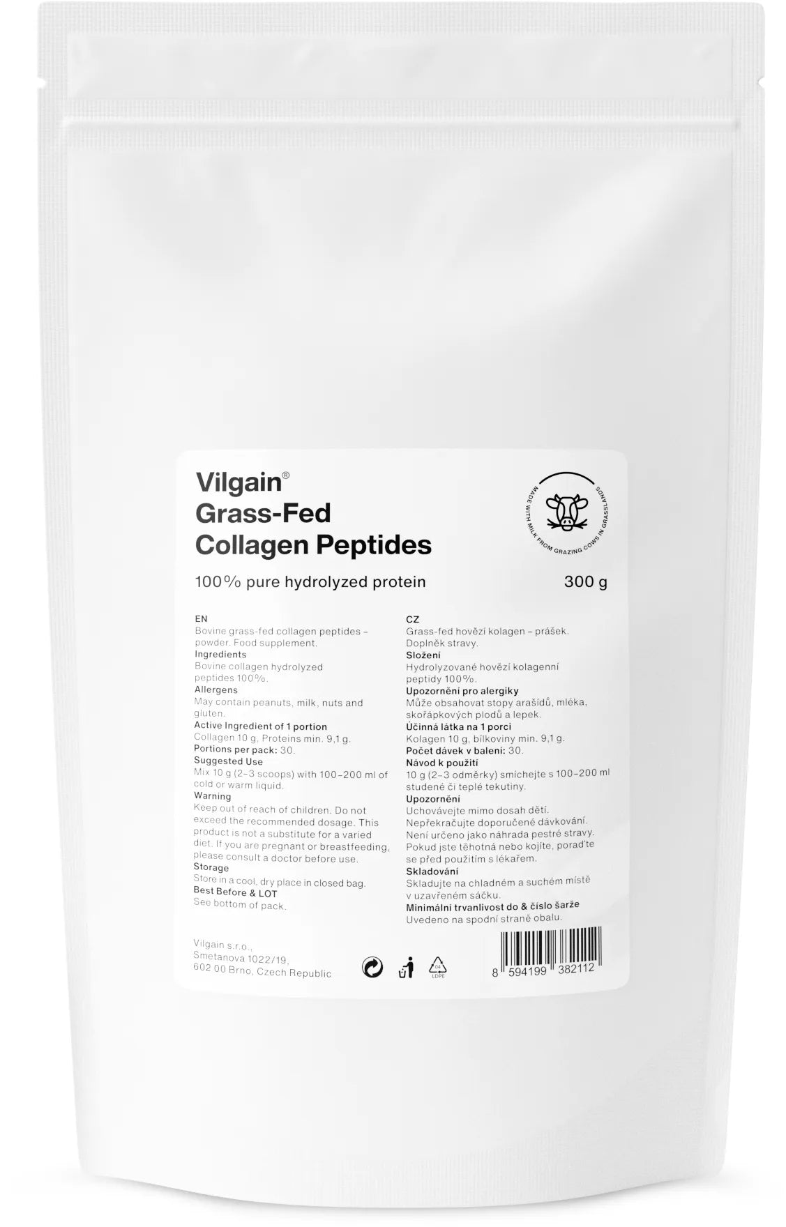 White stand-up pouch of Vilgain Grass-Fed Collagen Peptides for healthy skin and hair