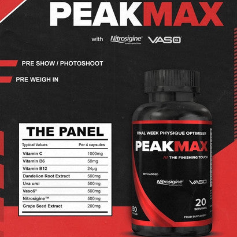 Peak Max supplement bottle with label on a black and red background