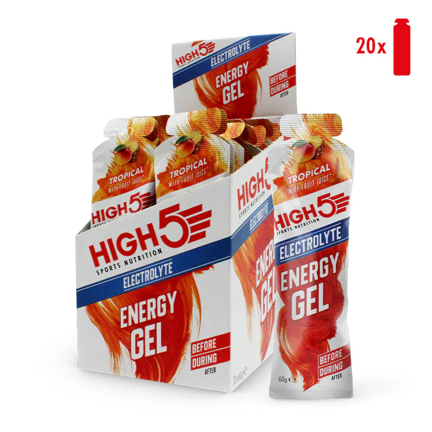 High5 Energy Gel Electrolyte Tropical flavor, 20-pack for multi-carbohydrate energy during workouts