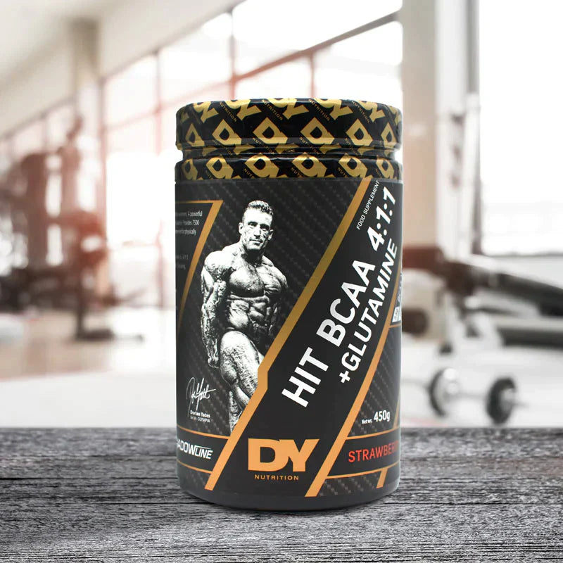Black and gold DY Nutrition Hit BCAA 4:1:1 + Glutamine container for fitness