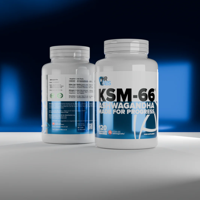 Two HR Labs KSM-66 Ashwagandha capsules bottles for stress support and cognitive boost