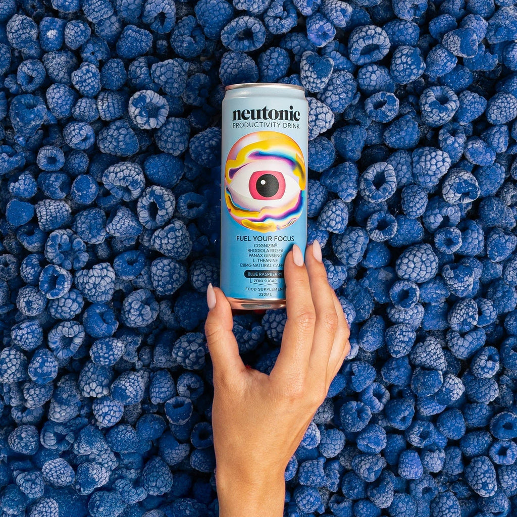 Light blue Neutonic Productivity Drink can with colorful eye design, packed with Rhodiola Rosea and Panax Ginseng