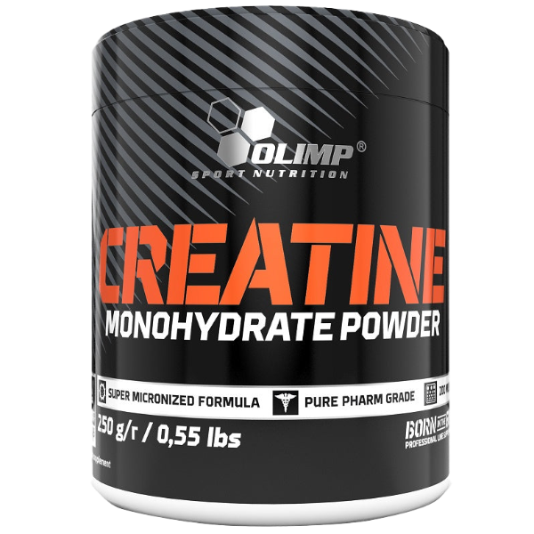 Black and white Olimp Sport Nutrition Creatine Monohydrate Powder 250g for muscle strength