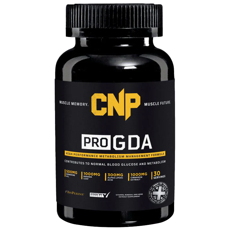 Black CNP PRO GDA bottle with ribbed cap supporting healthy glucose with banaba leaf and alpha lipoic acid