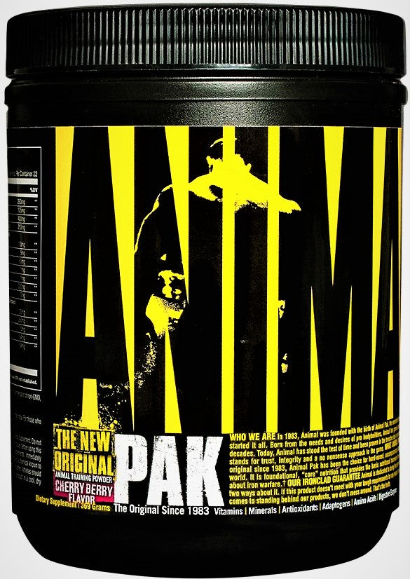 Black jar of Animal Pak great-tasting Cherry Berry flavor pre-workout powder
