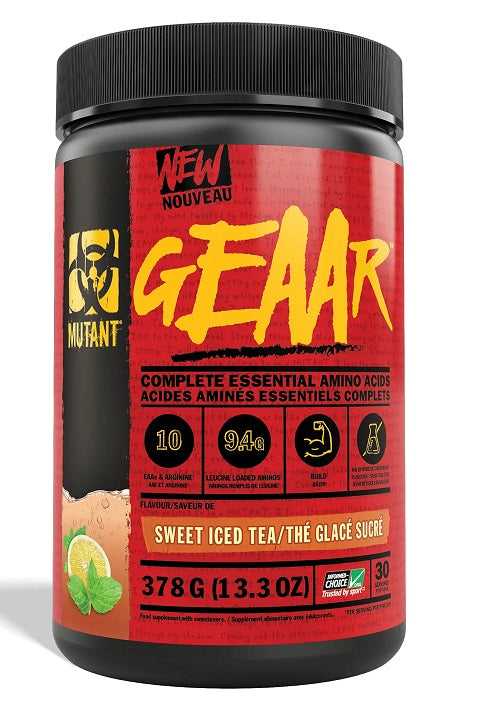 Red and black Mutant GEAAR tub with Sweet Iced Tea flavored vegan fermented amino acids powder for muscle growth