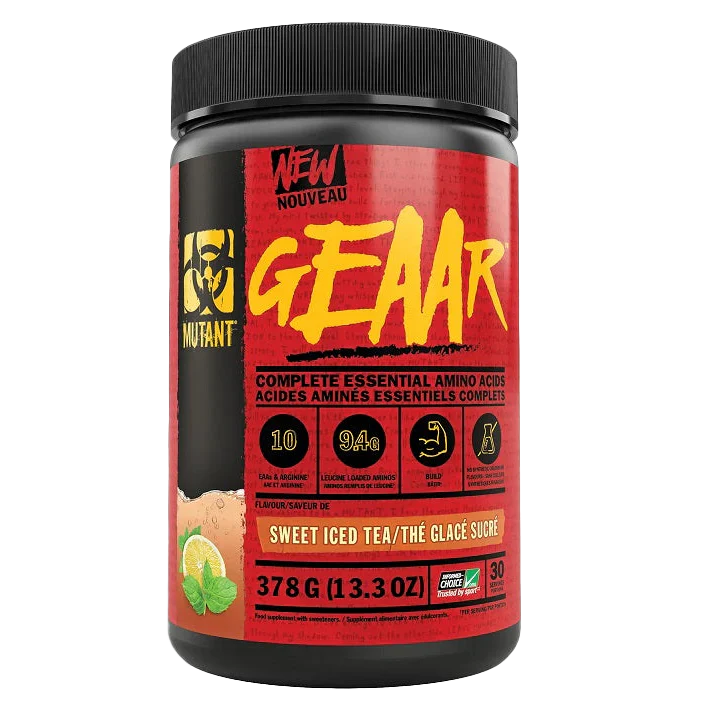 Black and red Mutant GEAAR amino acid supplement container in Sweet Iced Tea flavor for muscle growth