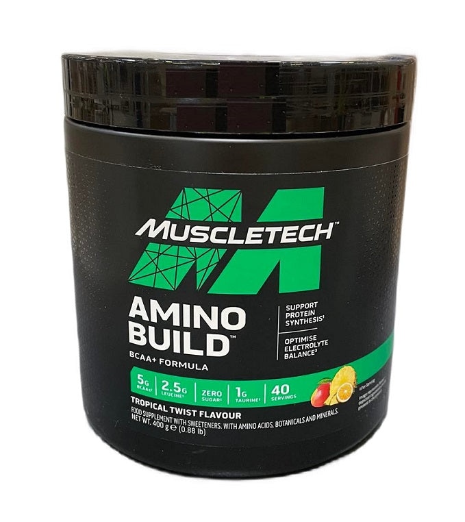 Black Muscletech Amino Build BCAA Tropical Twist flavor for muscle recovery