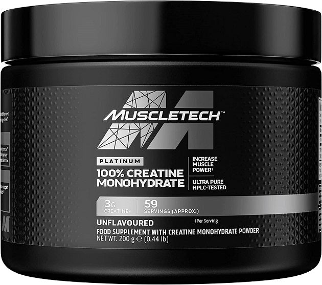 Black tub of Muscletech Platinum 100% Creatine Monohydrate for high-intensity exercise