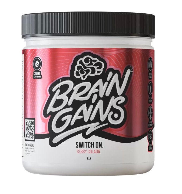 Brain Gains Switch On Berry Colada nootropic supplement tub for mental boost