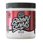 White and red Brain Gains Switch On supplement container with brain icon and Berry Colada flavor