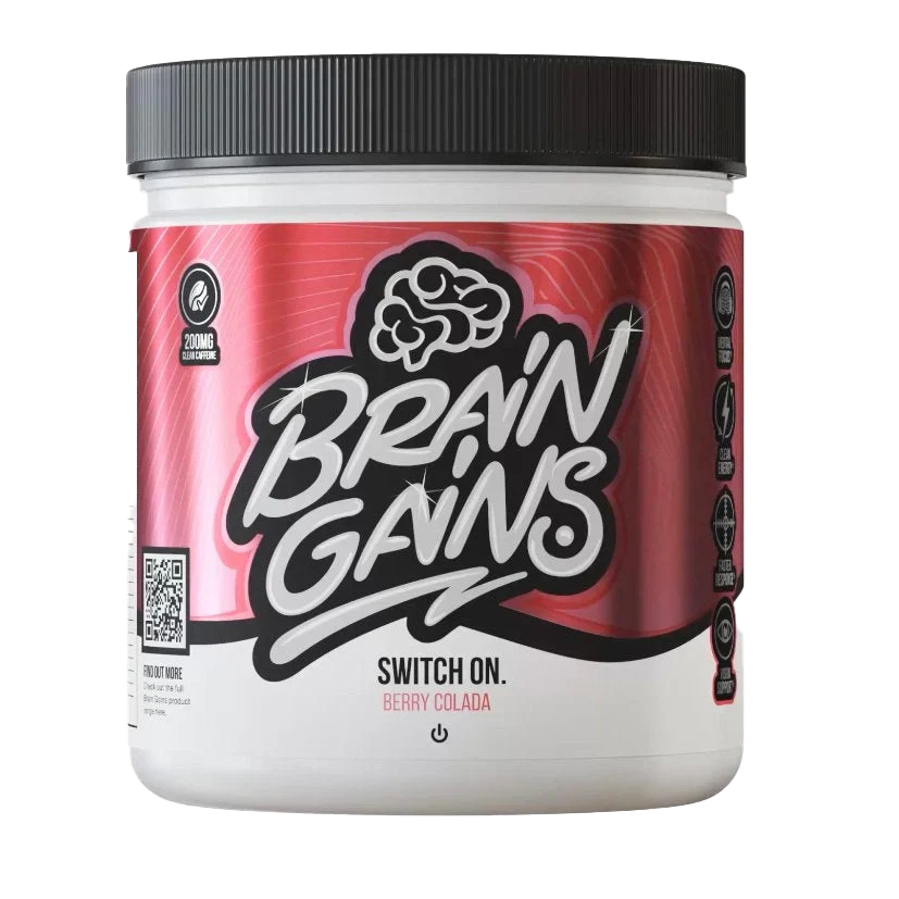 White and red Brain Gains Switch On supplement container with brain icon and Berry Colada flavor