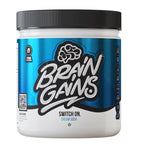White and blue Brain Gains Switch On nootropic supplement tub with brain icon and Cream Soda flavor