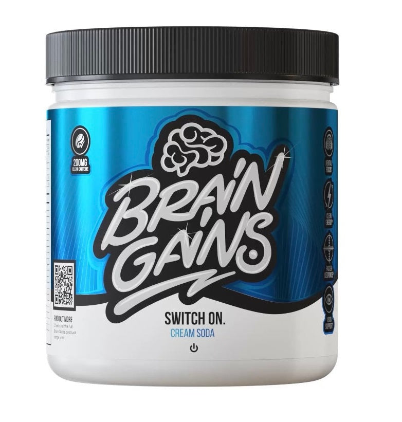 White and blue Brain Gains Switch On nootropic supplement tub with brain icon and Cream Soda flavor