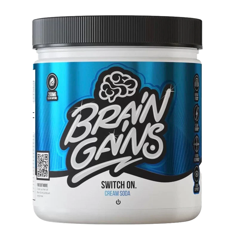 White and blue Brain Gains Switch cream soda flavored nootropic supplement tub