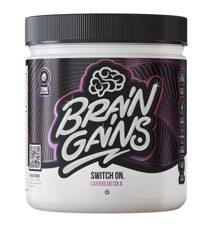 White Brain Gains Switch On supplement tub with black lid and purple black label