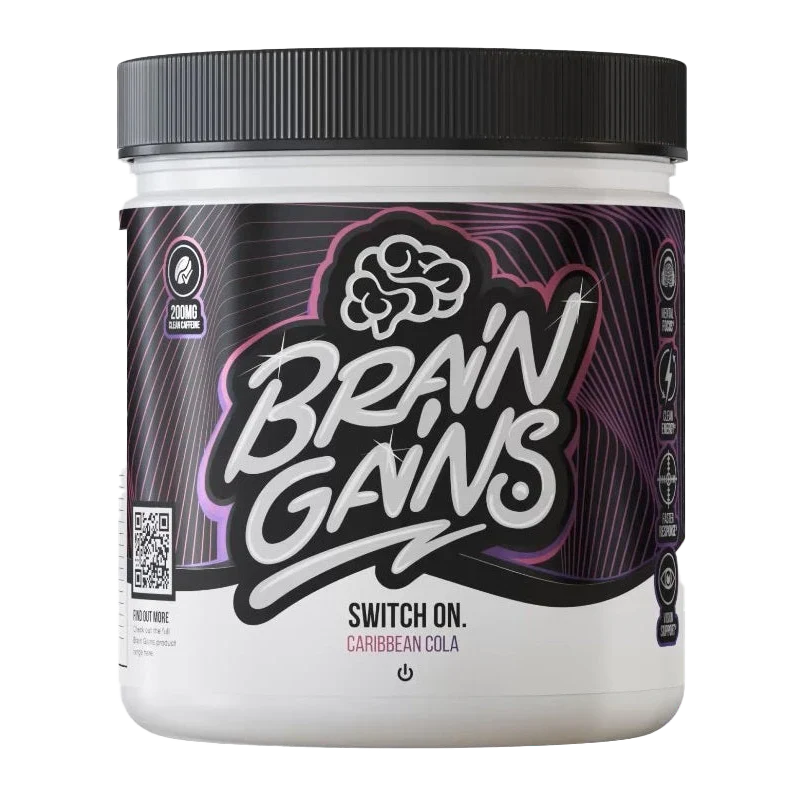 White Brain Gains Switch On container with Caribbean Cola flavor powder and brain icon