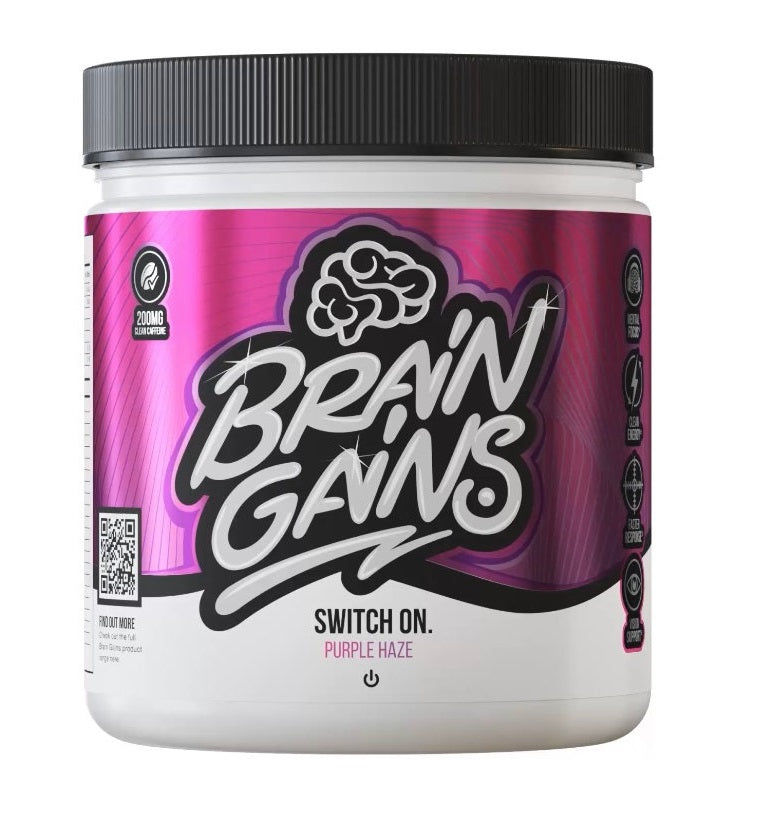 Purple-labeled Brain Gains Switch On supplement tub with black lid for brain gains