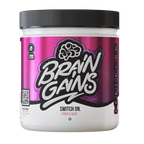 White plastic tub with black lid and pink label for Brain Gains Switch On supplement