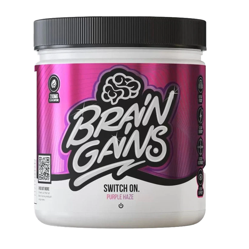White plastic tub with black lid and pink label for Brain Gains Switch On supplement
