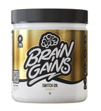 White and gold Brain Gains Switch On supplement container with black lid for gains switch