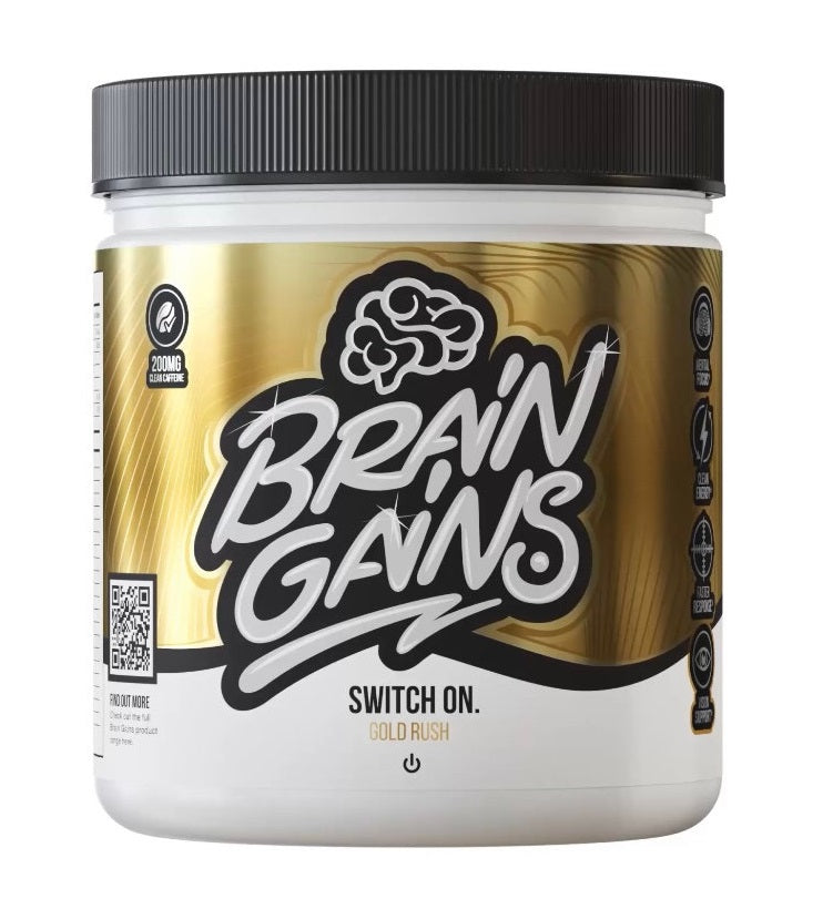 White and gold Brain Gains Switch On supplement container with black lid for gains switch