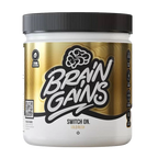 White and gold Brain Gains Switch On supplement container with black lid