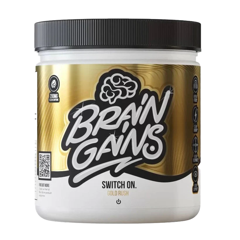 White and gold Brain Gains Switch On supplement container with black lid