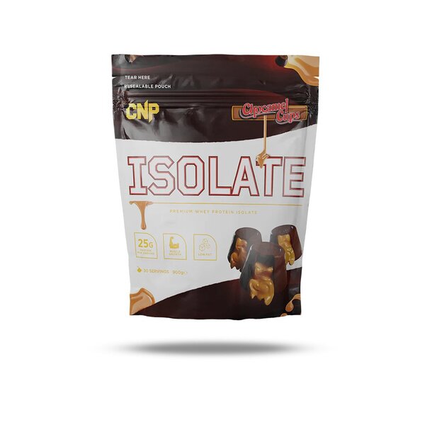 Sealed pouch of CNP Isolate whey protein isolate in Chunky Monkey flavor with essential amino acids