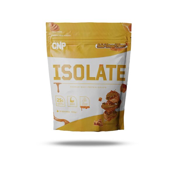 Salted caramel flavored CNP Isolate whey protein with essential amino acids in pouch