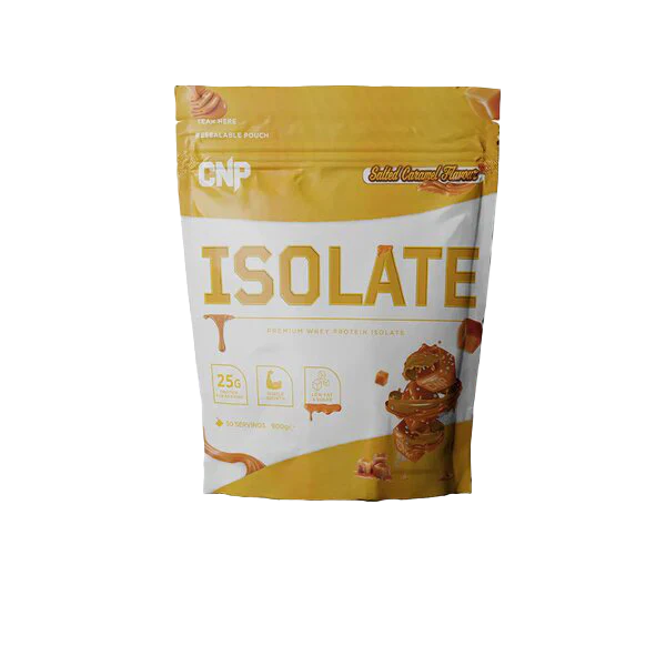 Sealed pouch of CNP Isolate caramel whey protein isolate with essential amino acids