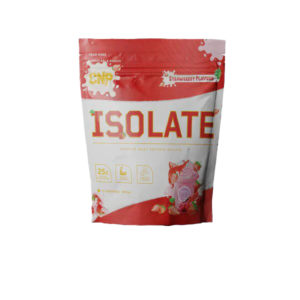 Red and white CNP Isolate pouch with strawberry-flavored whey protein isolate and amino acids
