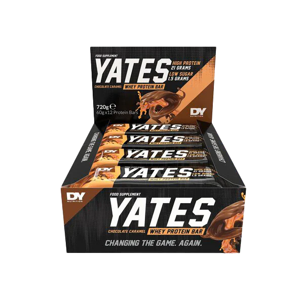 Display box of DY Nutrition Yates Protein Bar with cocoa powder and protein isolate