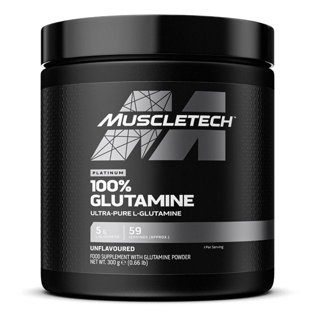 Black Muscletech Platinum glutamine powder container for high-intensity exercise recovery