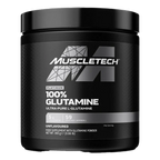 Black plastic tub of Muscletech Platinum 100% Glutamine powder for high-intensity exercise