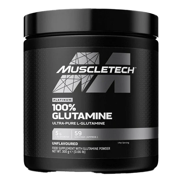 Black plastic tub of Muscletech Platinum 100% Glutamine powder for high-intensity exercise